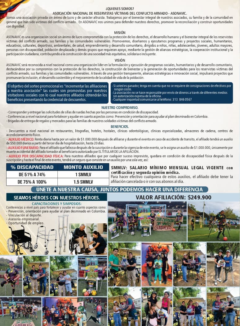 Quiénes somos, misión, visión, objetivo del sorteo, compromisos, beneficios y auxilios de ASONAVIC, con fotografías de actividades de la asociación