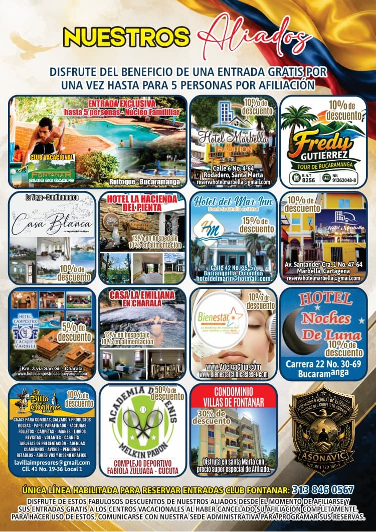Nuestros aliados: hoteles, centros vacacionales y establecimientos con descuentos para los afiliados de ASONAVIC