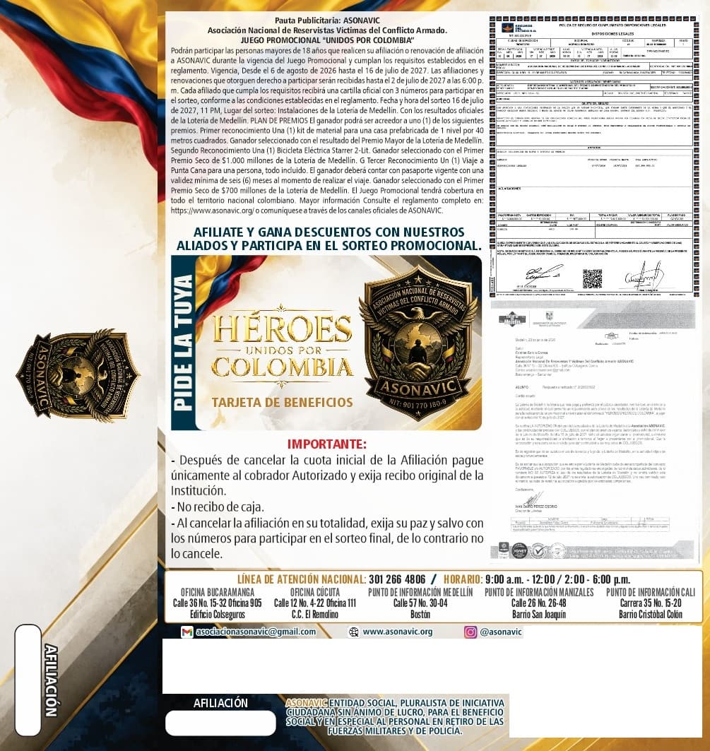 Pauta publicitaria del juego promocional con la tarjeta de beneficios, avisos importantes, documentos de autorización y datos de contacto de las oficinas