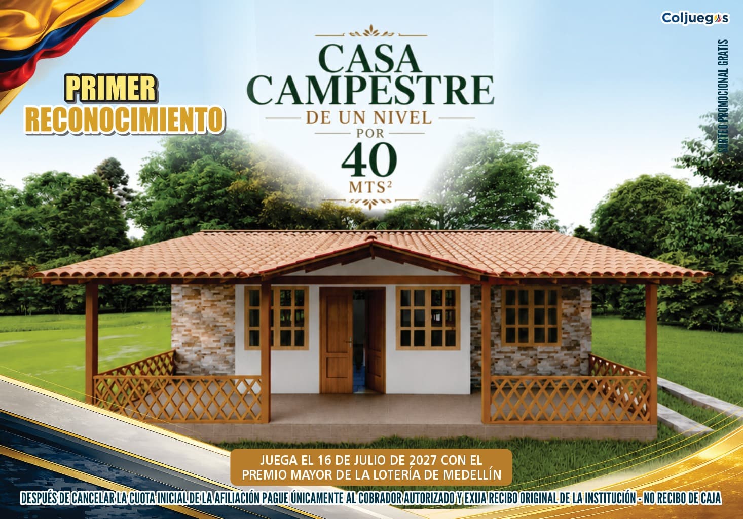 Casa campestre de un nivel con techo de teja y corredor de madera