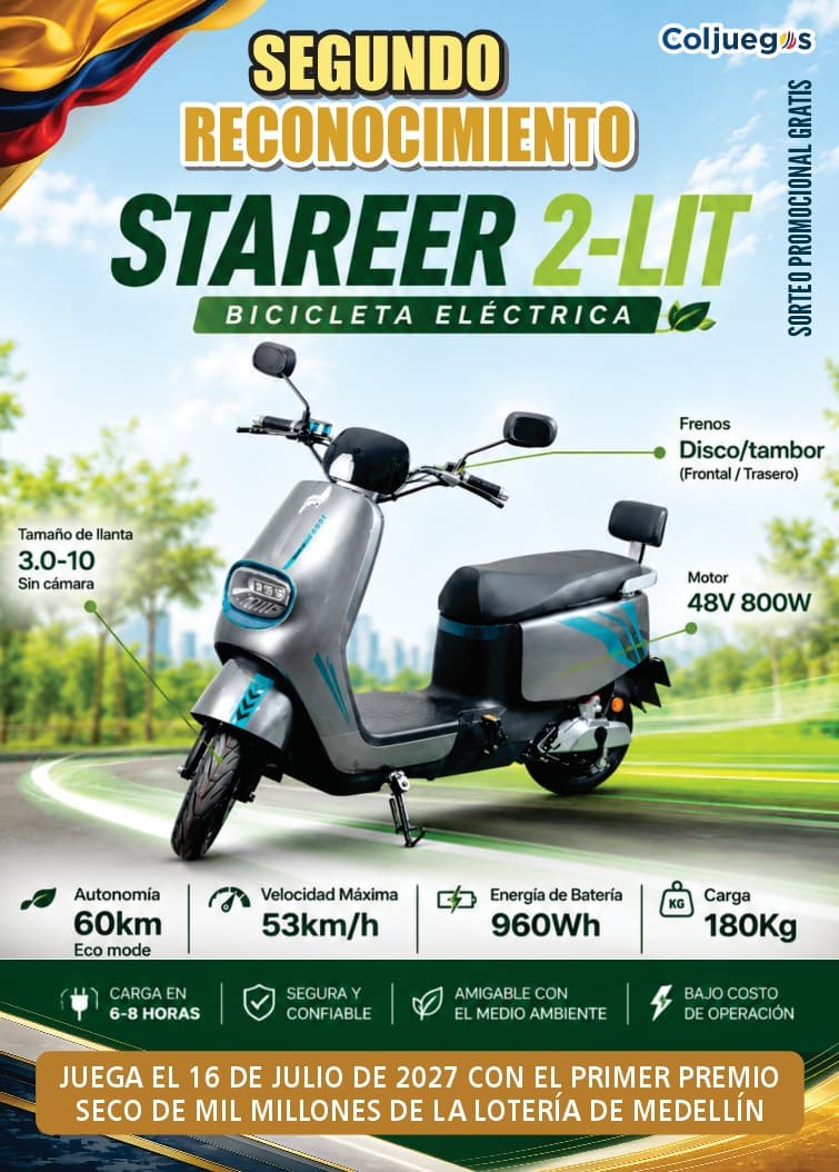 Bicicleta eléctrica Starrer 2-LIT de color gris con sus especificaciones
